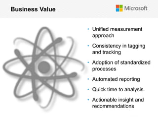 Business Value


                                         • Unified measurement
                                           approach
                                         • Consistency in tagging
                                           and tracking
                                         • Adoption of standardized
                                           processes
                                         • Automated reporting
                                         • Quick time to analysis
                                         • Actionable insight and
                                           recommendations
© 2011 Webtrends, All Rights Reserved.                              | 49
 