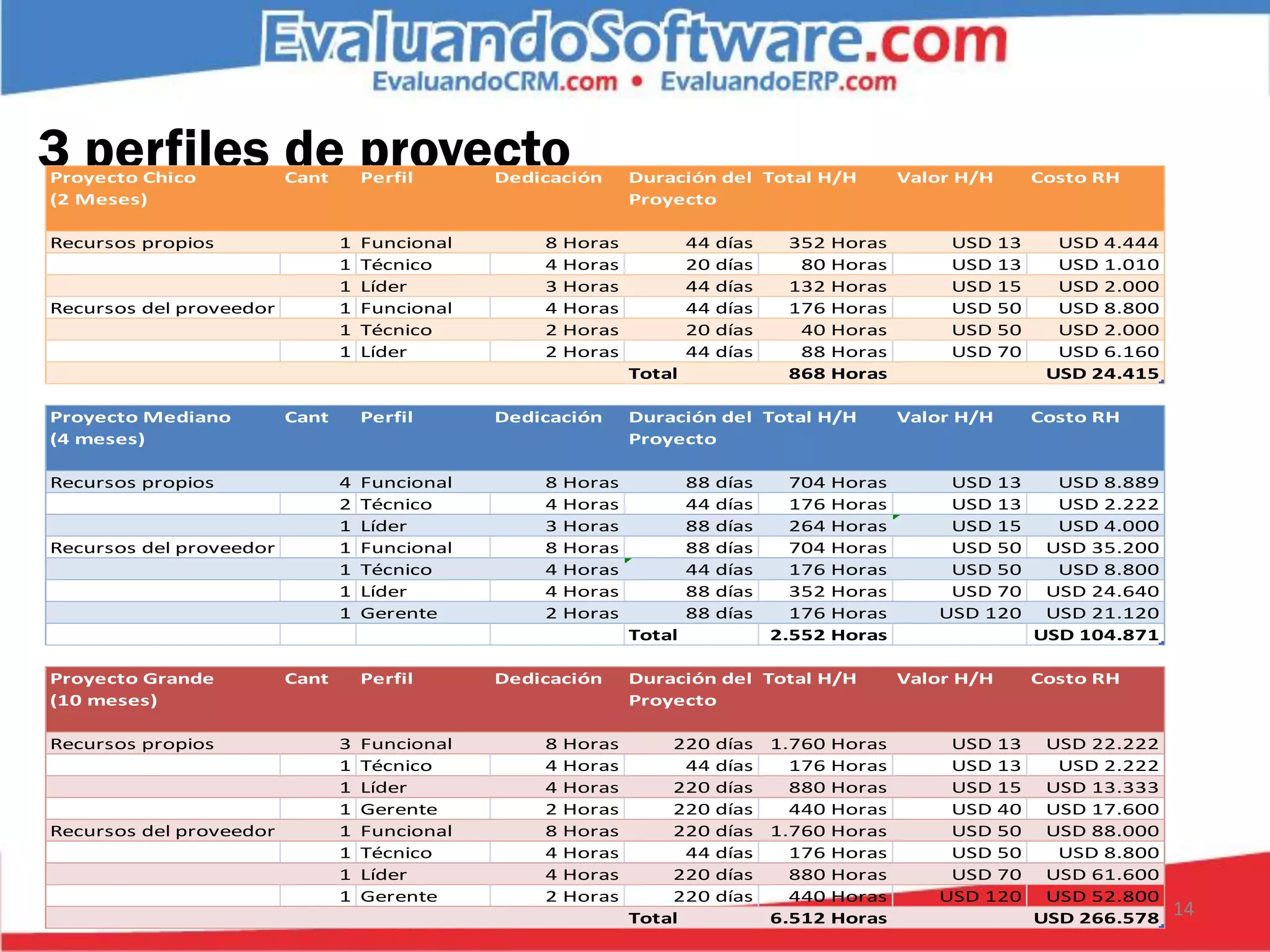 3 perfiles de proyecto
Proyecto Chico           Cant       Perfil      Dedicación      Duración del Total H/H              Valor H/H        Costo RH
(2 Meses)                                                       Proyecto

Recursos propios                1   Funcional       8   Horas           44   días    352    Horas        USD    13     USD 4.444
                                1   Técnico         4   Horas           20   días     80    Horas        USD    13     USD 1.010
                                1   Líder           3   Horas           44   días    132    Horas        USD    15     USD 2.000
Recursos del proveedor          1   Funcional       4   Horas           44   días    176    Horas        USD    50     USD 8.800
                                1   Técnico         2   Horas           20   días     40    Horas        USD    50     USD 2.000
                                1   Líder           2   Horas           44   días     88    Horas        USD    70     USD 6.160
                                                                Total                868    Horas                     USD 24.415

Proyecto Mediano         Cant       Perfil      Dedicación      Duración del Total H/H              Valor H/H        Costo RH
(4 meses)                                                       Proyecto

Recursos propios                4   Funcional       8   Horas           88   días     704   Horas       USD 13         USD 8.889
                                2   Técnico         4   Horas           44   días     176   Horas       USD 13         USD 2.222
                                1   Líder           3   Horas           88   días     264   Horas       USD 15         USD 4.000
Recursos del proveedor          1   Funcional       8   Horas           88   días     704   Horas       USD 50        USD 35.200
                                1   Técnico         4   Horas           44   días     176   Horas       USD 50         USD 8.800
                                1   Líder           4   Horas           88   días     352   Horas       USD 70        USD 24.640
                                1   Gerente         2   Horas           88   días     176   Horas      USD 120        USD 21.120
                                                                Total               2.552   Horas                    USD 104.871

Proyecto Grande          Cant       Perfil      Dedicación      Duración del Total H/H              Valor H/H        Costo RH
(10 meses)                                                      Proyecto

Recursos propios                3   Funcional       8   Horas       220      días   1.760   Horas       USD 13        USD 22.222
                                1   Técnico         4   Horas         44     días     176   Horas       USD 13         USD 2.222
                                1   Líder           4   Horas       220      días     880   Horas       USD 15        USD 13.333
                                1   Gerente         2   Horas       220      días     440   Horas       USD 40        USD 17.600
Recursos del proveedor          1   Funcional       8   Horas       220      días   1.760   Horas       USD 50        USD 88.000
                                1   Técnico         4   Horas         44     días     176   Horas       USD 50         USD 8.800
                                1   Líder           4   Horas       220      días     880   Horas       USD 70        USD 61.600
                                1   Gerente         2   Horas       220      días     440   Horas      USD 120        USD 52.800
                                                                Total               6.512   Horas                    USD 266.578   14
 