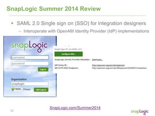 10
SnapLogic Summer 2014 Review
 SAML 2.0 Single sign on (SSO) for integration designers
– Interoperate with OpenAM Identity Provider (IdP) implementations
SnapLogic.com/Summer2014
 