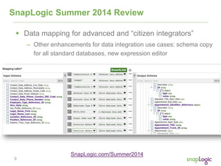 9
SnapLogic Summer 2014 Review
 Data mapping for advanced and “citizen integrators”
– Other enhancements for data integration use cases: schema copy
for all standard databases, new expression editor
SnapLogic.com/Summer2014
 