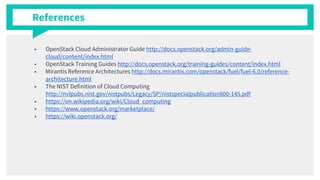 ■ OpenStack Cloud Administrator Guide http://docs.openstack.org/admin-guide-
cloud/content/index.html
■ OpenStack Training Guides http://docs.openstack.org/training-guides/content/index.html
■ Mirantis Reference Architectures http://docs.mirantis.com/openstack/fuel/fuel-6.0/reference-
architecture.html
■ The NIST Definition of Cloud Computing
http://nvlpubs.nist.gov/nistpubs/Legacy/SP/nistspecialpublication800-145.pdf
■ https://en.wikipedia.org/wiki/Cloud_computing
■ https://www.openstack.org/marketplace/
■ https://wiki.openstack.org/
References
 