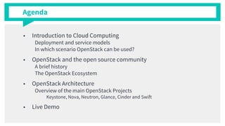 Agenda
■ Introduction to Cloud Computing
Deployment and service models
In which scenario OpenStack can be used?
■ OpenStack and the open source community
A brief history
The OpenStack Ecosystem
■ OpenStack Architecture
Overview of the main OpenStack Projects
Keystone, Nova, Neutron, Glance, Cinder and Swift
■ Live Demo
 