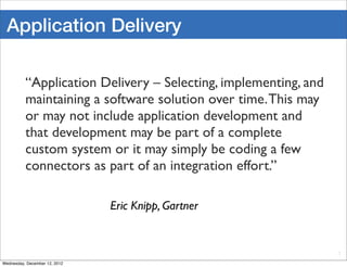 Application Delivery

          “Application Delivery – Selecting, implementing, and
          maintaining a software solution over time. This may
          or may not include application development and
          that development may be part of a complete
          custom system or it may simply be coding a few
          connectors as part of an integration effort.”

                               Eric Knipp, Gartner


                                                                 7

Wednesday, December 12, 2012
 