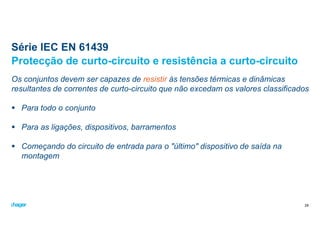 Série IEC EN 61439
Os conjuntos devem ser capazes de resistir às tensões térmicas e dinâmicas
resultantes de correntes de curto-circuito que não excedam os valores classificados
 Para todo o conjunto
 Para as ligações, dispositivos, barramentos
 Começando do circuito de entrada para o "último" dispositivo de saída na
montagem
Protecção de curto-circuito e resistência a curto-circuito
29
 
