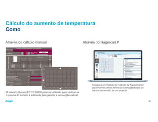 Cálculo do aumento de temperatura
Como
Através de cálculo manual
46
Através do Hagercad.P
Incorpora um módulo de "Cálculo de Aquecimento"
para estimar perdas térmicas e compatibilidade do
volume do armário de um projecto
O relatório técnico IEC TR 60890 pode ser utilizado para verificar se
o volume do armário é suficiente para garantir a convecção natural.
46
 