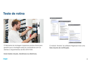 Teste de rotina
O fabricante de montagem inspeciona pontos-chave para
garantir que a montagem está em consonância com os
clientes e requerimentos da IEC EN 61439.
Inclui testes visuais, mecânicos ou eléctricos.
55
O módulo ‘Armário’ do software Hagercad inclui uma
lista resumo de verificação.
 