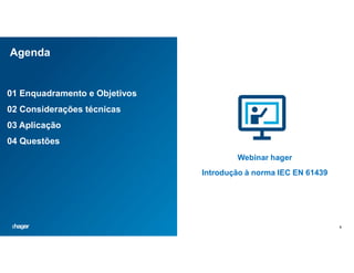 6
Agenda
01 Enquadramento e Objetivos
02 Considerações técnicas
03 Aplicação
04 Questões
Webinar hager
Introdução à norma IEC EN 61439
 