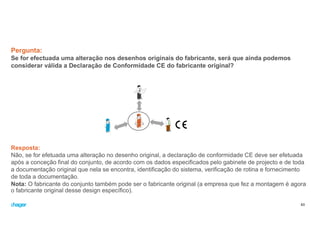 Pergunta:
Se for efectuada uma alteração nos desenhos originais do fabricante, será que ainda podemos
considerar válida a Declaração de Conformidade CE do fabricante original?
63
Resposta:
Não, se for efetuada uma alteração no desenho original, a declaração de conformidade CE deve ser efetuada
após a conceção final do conjunto, de acordo com os dados especificados pelo gabinete de projecto e de toda
a documentação original que nela se encontra, identificação do sistema, verificação de rotina e fornecimento
de toda a documentação.
Nota: O fabricante do conjunto também pode ser o fabricante original (a empresa que fez a montagem é agora
o fabricante original desse design específico).
 