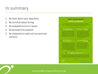 In summary
1. Be clear about your objectives
2. Be sensitive about timing
3. Be prepared to hunt in packs
4. Be persistent but patient
5. Be prepared to make and use personal
contacts
 