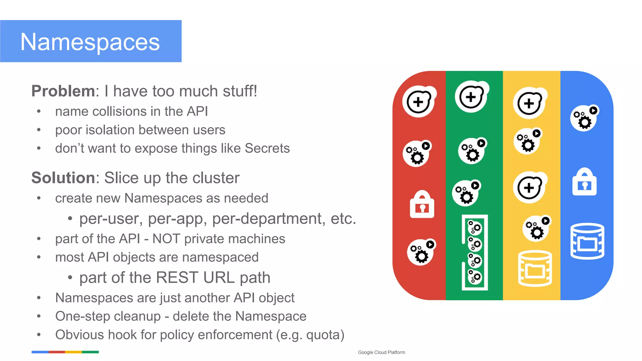 Google Cloud Platform
Namespaces
Problem: I have too much stuff!
• name collisions in the API
• poor isolation between users
• don’t want to expose things like Secrets
Solution: Slice up the cluster
• create new Namespaces as needed
• per-user, per-app, per-department, etc.
• part of the API - NOT private machines
• most API objects are namespaced
• part of the REST URL path
• Namespaces are just another API object
• One-step cleanup - delete the Namespace
• Obvious hook for policy enforcement (e.g. quota)
 