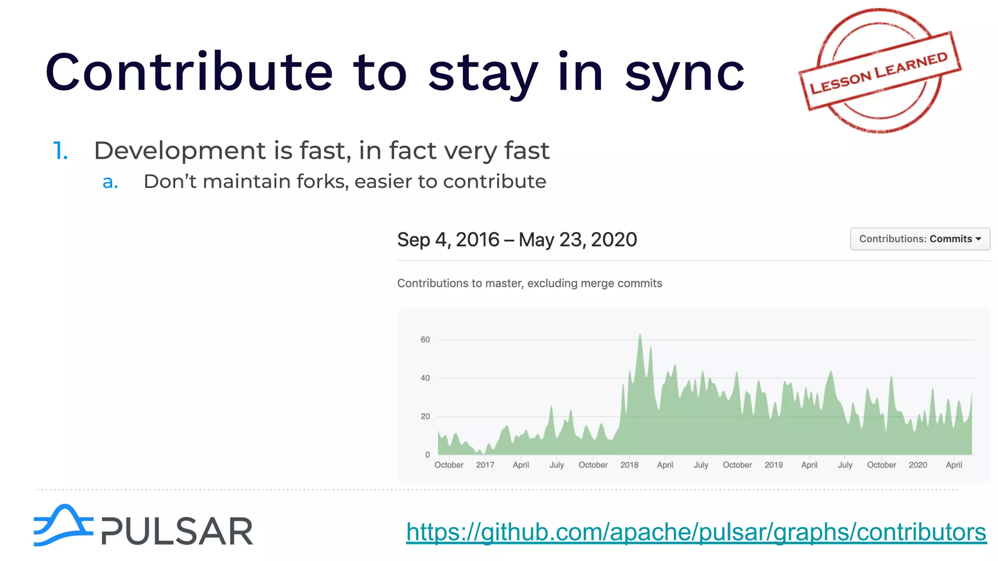 Contribute to stay in sync
1. Development is fast, in fact very fast
a. Don’t maintain forks, easier to contribute
https://github.com/apache/pulsar/graphs/contributors
 