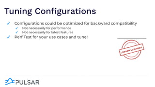 Tuning Conﬁgurations
✓ Conﬁgurations could be optimized for backward compatibility
✓ Not necessarily for performance
✓ Not necessarily for latest features
✓ Perf Test for your use cases and tune!
 