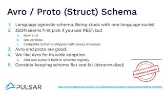 Avro / Proto (Struct) Schema
1. Language agnostic schema. Being stuck with one language sucks!
2. JSON seems ﬁrst pick if you use REST, but
a. slow and
b. too verbose.
c. Complete Schema shipped with every message
3. Avro and proto are good.
4. We like Avro for its wide adoption.
a. And use pulsar’s built in schema registry
5. Consider keeping schema ﬂat and fat (denormalize)!
https://martin.kleppmann.com/2012/12/05/schema-evolution-in-avro-protocol-buffers-thrift.html
 