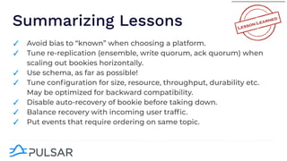 Summarizing Lessons
✓ Avoid bias to “known” when choosing a platform.
✓ Tune re-replication (ensemble, write quorum, ack quorum) when
scaling out bookies horizontally.
✓ Use schema, as far as possible!
✓ Tune conﬁguration for size, resource, throughput, durability etc.
May be optimized for backward compatibility.
✓ Disable auto-recovery of bookie before taking down.
✓ Balance recovery with incoming user trafﬁc.
✓ Put events that require ordering on same topic.
 