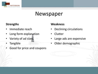 Newspaper
Strengths                      Weakness
• Immediate reach              • Declining circulations
• Long form explanation        • Clutter
• Variety of ad sizes          • Large ads are expensive
• Tangible                     • Older demographic
• Good for price and coupons
 