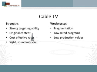 Cable TV
Strengths                    Weaknesses
• Strong targeting ability   • Fragmentation
• Original content           • Low rated programs
• Cost effective rates       • Low production values
• Sight, sound motion
 