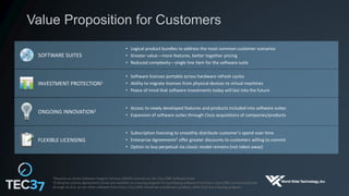 1Requires an active Software Support Services (SWSS) contract on the Cisco ONE Software Suite
2Enterprise License Agreements (ELAs) are available as a buying program for purchasing software from Cisco. Cisco ONE can be purchased
through an ELA, as can other software from Cisco. Cisco ONE should be considered a product, while ELAs are a buying program.
Value Proposition for Customers
SOFTWARE SUITES
• Logical product bundles to address the most common customer scenarios
• Greater value—more features, better together pricing
• Reduced complexity—single line item for the software suite
INVESTMENT PROTECTION1
• Software licenses portable across hardware refresh cycles
• Ability to migrate licenses from physical devices to virtual machines
• Peace of mind that software investments today will last into the future
ONGOING INNOVATION1
• Access to newly developed features and products included into software suites
• Expansion of software suites through Cisco acquisitions of companies/products
FLEXIBLE LICENSING
• Subscription licensing to smoothly distribute customer’s spend over time
• Enterprise Agreements2 offer greater discounts to customers willing to commit
• Option to buy perpetual via classic model remains (not taken away)
 