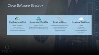 Everything Cloud Ready
Choice
Virtualized
Cloud managed
Continuous delivery
Intercloud
User Experience First
Delight customers
End-to-end
Intuitive, immersive and
consistent user experience
Consumption Flexibility
Premise to cloud
Perpetual, subscription and utility
Transparent and flexible licensing
Simple and Open
Automation/application aware
Converged infrastructure
Open development
Devnet ecosystem
Cisco Software Strategy
 