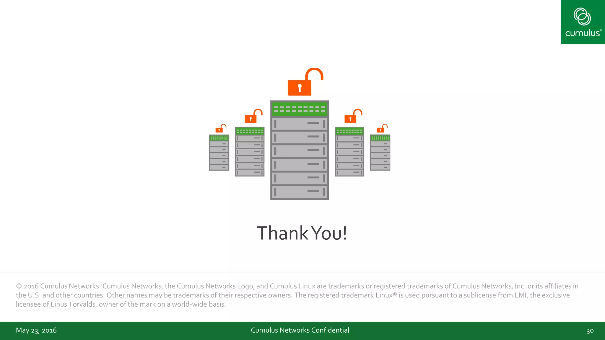 © 2016 Cumulus Networks. Cumulus Networks, the Cumulus Networks Logo, and Cumulus Linux are trademarks or registered trademarks of Cumulus Networks, Inc. or its affiliates in
the U.S. and other countries. Other names may be trademarks of their respective owners. The registered trademark Linux® is used pursuant to a sublicense from LMI, the exclusive
licensee of Linus Torvalds, owner of the mark on a world-wide basis.
ThankYou!
Cumulus Networks Confidential 30May 23, 2016
 