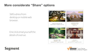 More considerate Share options
SMSadressfrom
desktopormobileweb
browser.
Oneclickemailyourselfthe
detailsofavenue.
 