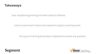 Setupyourtrackingandanalyticsdatabasetoansweranyquestion.
Save valuableengineeringtimewithprebuiltsoftware.
Listentoeachteamsneedsandcreatetheanalyticsviewtheywant.
Takeaways
 