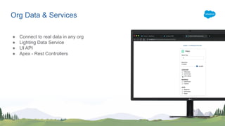 Org Data & Services
● Connect to real data in any org
● Lighting Data Service
● UI API
● Apex - Rest Controllers
 