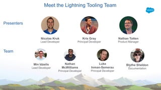 Nicolas Kruk
Principal Developer
Kris Gray
Lead Developer
Presenters
Team
Min Idzelis
Lead Developer
Nathan
McWilliams
Principal Developer
Luke
Inman-Semerau
Principal Developer
Meet the Lightning Tooling Team
Blythe Sheldon
Documentation
Product Manager
Nathan Totten
 