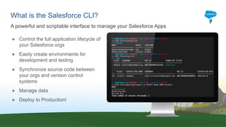 ● Control the full application lifecycle of
your Salesforce orgs
● Easily create environments for
development and testing
● Synchronize source code between
your orgs and version control
systems
● Manage data
● Deploy to Production!
What is the Salesforce CLI?
A powerful and scriptable interface to manage your Salesforce Apps
 