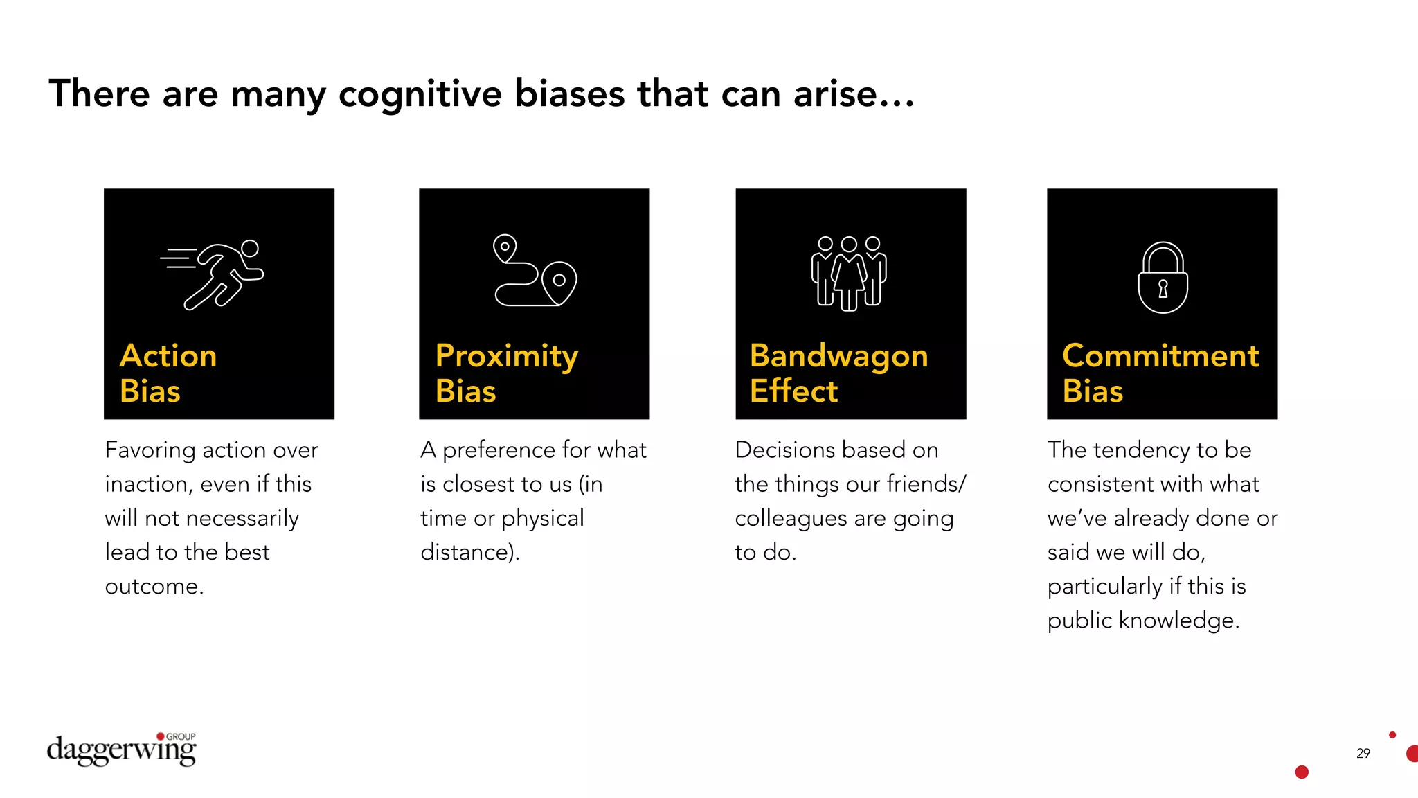 29
There are many cognitive biases that can arise…
Favoring action over
inaction, even if this
will not necessarily
lead to the best
outcome.
A preference for what
is closest to us (in
time or physical
distance).
The tendency to be
consistent with what
we’ve already done or
said we will do,
particularly if this is
public knowledge.
Action
Bias
Proximity
Bias
Bandwagon
Effect
Commitment
Bias
Decisions based on
the things our friends/
colleagues are going
to do.
 