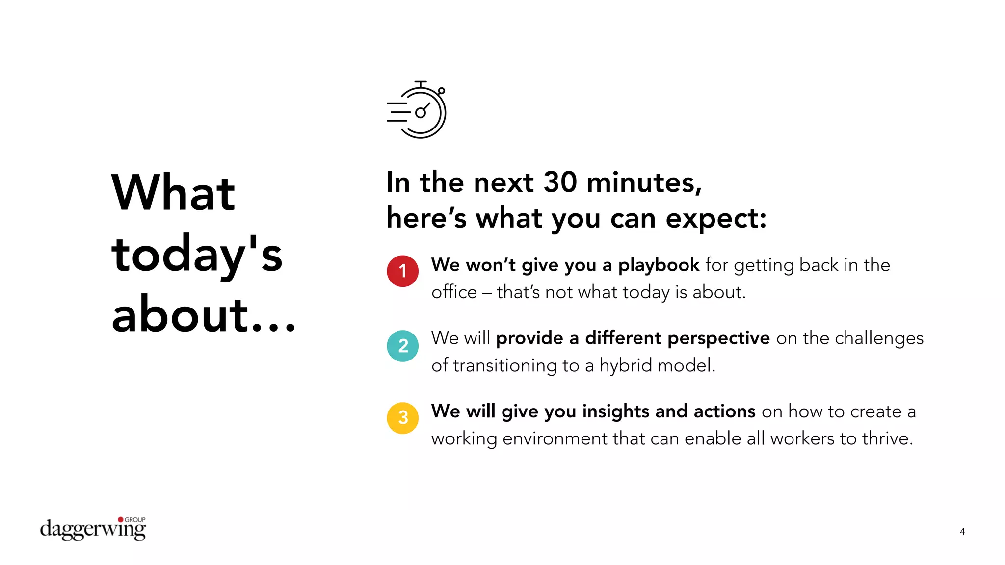 4
What
today's
about…
We won’t give you a playbook for getting back in the
office – that’s not what today is about.
We will provide a different perspective on the challenges
of transitioning to a hybrid model.
We will give you insights and actions on how to create a
working environment that can enable all workers to thrive.
In the next 30 minutes,
here’s what you can expect:
1
2
3
 