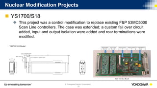 © Yokogawa Electric Corporation
Nuclear Modification Projects
 YS1700/S18
 This project was a control modification to replace existing F&P 53MC5000
Scan Line controllers. The case was extended; a custom fail over circuit
added, input and output isolation were added and rear terminations were
modified.
25
 