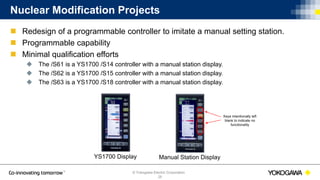 © Yokogawa Electric Corporation
Nuclear Modification Projects
 Redesign of a programmable controller to imitate a manual setting station.
 Programmable capability
 Minimal qualification efforts
 The /S61 is a YS1700 /S14 controller with a manual station display.
 The /S62 is a YS1700 /S15 controller with a manual station display.
 The /S63 is a YS1700 /S18 controller with a manual station display.
26
YS1700 Display Manual Station Display
Keys intentionally left
blank to indicate no
functionality
 