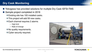 © Yokogawa Electric CorporationCopyright © Yokogawa Corporation of America
30
Dry Cask Monitoring
 Yokogawa has provided solutions for multiple Dry Cask ISFSI-TMS
 Sample project completed in 2018
Existing site has 105 installed casks.
This project will add 59 new casks.
Each channel requires 2 alarms
 High limit
 Rate of change
No quality requirements.
Cyber security required.
 