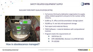 © Yokogawa Electric Corporation
• Full service third party dedication organization to supply
safety related equipment and parts to the nuclear utility
industry.
• 6,000 sq. ft. office and documentation storage system
• 50,000 sq. ft. test lab and equipment storage
• Test report and materials library
• TRAD Software – material database with computational
routines
• Program meets the requirements of:
 10CFR Part 21
 EPRI 3002002982, Revision 1 to EPRI NP-5652
 TR-102260
NUCLEAR THIRD PARTY QUALIFICATION (NTPQ)
SAFETY RELATED EQUIPMENT SUPPLY
How is obsolescence managed?
 