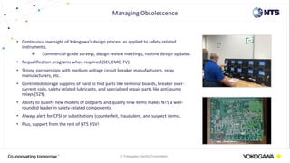 © Yokogawa Electric Corporation
• Continuous oversight of Yokogawa’s design process as applied to safety-related
instruments.
 Commercial-grade surveys, design review meetings, routine design updates.
• Requalification programs when required (SEI, EMC, FV).
• Strong partnerships with medium voltage circuit breaker manufacturers, relay
manufacturers, etc.
• Controlled storage supplies of hard to find parts like terminal boards, breaker over-
current coils, safety-related lubricants, and specialized repair parts like anti-pump
relays (52Y).
• Ability to qualify new models of old parts and qualify new items makes NTS a well-
rounded leader in safety-related components.
• Always alert for CFSI or substitutions (counterfeit, fraudulent, and suspect items).
• Plus, support from the rest of NTS HSV!
Managing Obsolescence
 