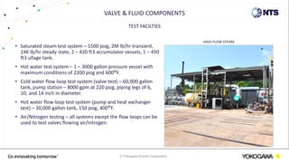© Yokogawa Electric Corporation
TEST FACILTIES
• Saturated steam test system – 1500 psig, 2M lb/hr transient,
24K lb/hr steady state, 2 – 420 ft3 accumulator vessels, 1 – 450
ft3 ullage tank.
• Hot water test system – 1 – 3000 gallon pressure vessel with
maximum conditions of 2200 psig and 600°F.
• Cold water flow loop test system (valve test) – 60,000 gallon
tank, pump station – 8000 gpm at 220 psig, piping legs of 6,
10, and 14 inch in diameter.
• Hot water flow loop test system (pump and heat exchanger
test) – 30,000 gallon tank, 150 psig, 400°F.
• Air/Nitrogen testing – all systems except the flow loops can be
used to test valves flowing air/nitrogen.
VALVE & FLUID COMPONENTS
HIGH FLOW STEAM
 