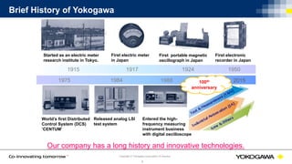 © Yokogawa Electric CorporationCopyright © Yokogawa Corporation of America
4
Brief History of Yokogawa
Started as an electric meter
research institute in Tokyo.
First electric meter
in Japan
First portable magnetic
oscillograph in Japan
First electronic
recorder in Japan
1915 1917 1924 1950
1975
World’s first Distributed
Control System (DCS)
‘CENTUM’
1984
Released analog LSI
test system
Entered the high-
frequency measuring
instrument business
with digital oscilloscope
1988 20152012100th
anniversary
Our company has a long history and innovative technologies.
 