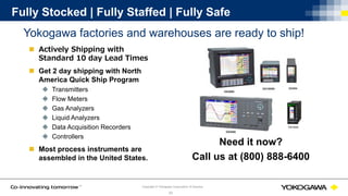 © Yokogawa Electric CorporationCopyright © Yokogawa Corporation of America
53
Fully Stocked | Fully Staffed | Fully Safe
Yokogawa factories and warehouses are ready to ship!
Need it now?
Call us at (800) 888-6400
 Actively Shipping with
Standard 10 day Lead Times
 Get 2 day shipping with North
America Quick Ship Program
 Transmitters
 Flow Meters
 Gas Analyzers
 Liquid Analyzers
 Data Acquisition Recorders
 Controllers
 Most process instruments are
assembled in the United States.
YS1000
 