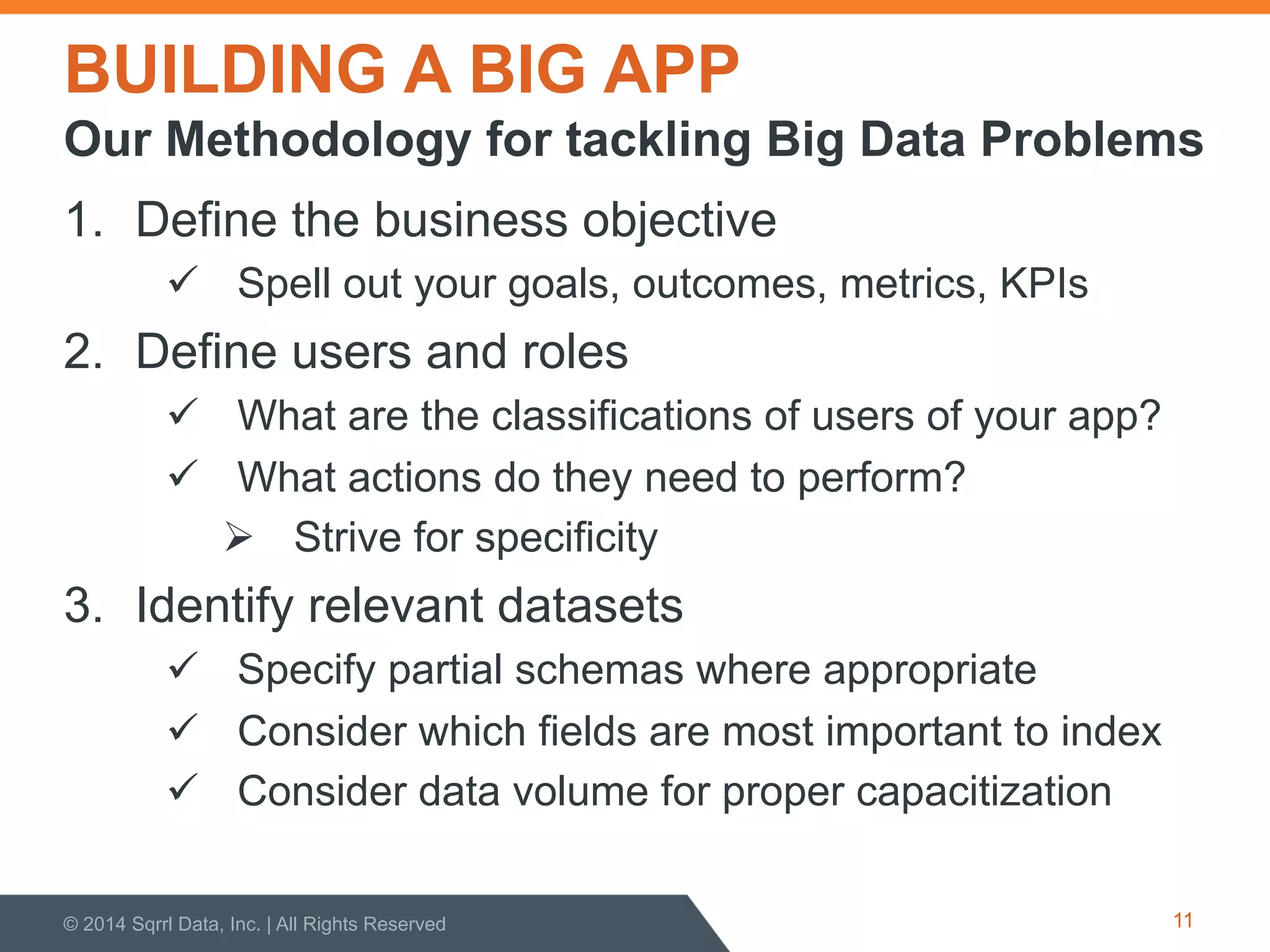 BUILDING A BIG APP
1.  Define the business objective
!  Spell out your goals, outcomes, metrics, KPIs
2.  Define users and roles
!  What are the classifications of users of your app?
!  What actions do they need to perform?
"  Strive for specificity
3.  Identify relevant datasets
!  Specify partial schemas where appropriate
!  Consider which fields are most important to index
!  Consider data volume for proper capacitization
© 2014 Sqrrl Data, Inc. | All Rights Reserved 11
Our Methodology for tackling Big Data Problems
 