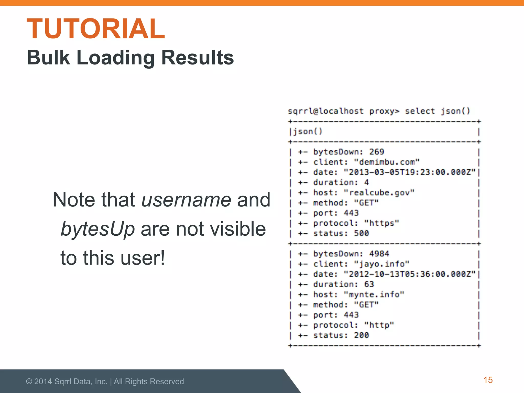 TUTORIAL
Note that username and
bytesUp are not visible
to this user!
© 2014 Sqrrl Data, Inc. | All Rights Reserved 15
Bulk Loading Results
 