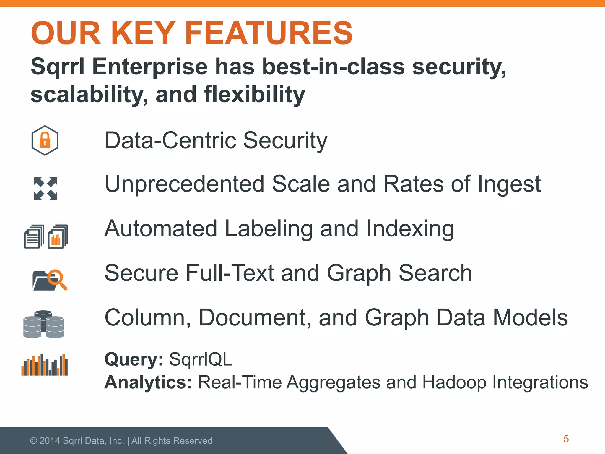 OUR KEY FEATURES
© 2014 Sqrrl Data, Inc. | All Rights Reserved
Sqrrl Enterprise has best-in-class security,
scalability, and flexibility
5
Data-Centric Security
Unprecedented Scale and Rates of Ingest
Automated Labeling and Indexing
Secure Full-Text and Graph Search
Column, Document, and Graph Data Models
Query: SqrrlQL
Analytics: Real-Time Aggregates and Hadoop Integrations
 