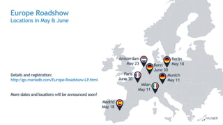 Europe Roadshow 
Locations in May & June
Berlin 
May 18
Munich 
May 11
Bonn 
June 30
Amsterdam 
May 23
Paris
June 30
Madrid 
May 18
Milan
May 11
Details and registration:
http://go.mariadb.com/Europe-Roadshow-LP.html
More dates and locations will be announced soon!
 