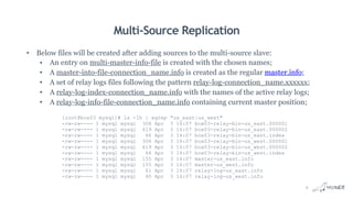 Multi-Source Replication
• Below files will be created after adding sources to the multi-source slave:
• An entry on multi-master-info-file is created with the chosen names;
• A master-into-file-connection_name.info is created as the regular master.info;
• A set of relay logs files following the pattern relay-log-connection_name.xxxxxx;
• A relay-log-index-connection_name.info with the names of the active relay logs;
• A relay-log-info-file-connection_name.info containing current master position;
9
[root@box03 mysql]# ls -lh | egrep "us_east|us_west"
-rw-rw---- 1 mysql mysql 306 Apr 3 16:07 box03-relay-bin-us_east.000001
-rw-rw---- 1 mysql mysql 619 Apr 3 16:07 box03-relay-bin-us_east.000002
-rw-rw---- 1 mysql mysql 66 Apr 3 16:07 box03-relay-bin-us_east.index
-rw-rw---- 1 mysql mysql 306 Apr 3 16:07 box03-relay-bin-us_west.000001
-rw-rw---- 1 mysql mysql 619 Apr 3 16:07 box03-relay-bin-us_west.000002
-rw-rw---- 1 mysql mysql 66 Apr 3 16:07 box03-relay-bin-us_west.index
-rw-rw---- 1 mysql mysql 155 Apr 3 16:07 master-us_east.info
-rw-rw---- 1 mysql mysql 155 Apr 3 16:07 master-us_west.info
-rw-rw---- 1 mysql mysql 61 Apr 3 16:07 relay-log-us_east.info
-rw-rw---- 1 mysql mysql 60 Apr 3 16:07 relay-log-us_west.info
 