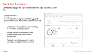 ©2020 Adobe. All Rights Reserved. Adobe Confidential.
Predictive Audiences
Confidently engage the right customers for the right programs, every
time
AI-powered audience segmentation filters, goals &
recommendations for the marketing data environment
Audience Segmentation &
Targeting
Connecting
People &
Content
• Understand which audiences are more likely
to convert for specific programs
• Engage the right buyers based on AI-
powered predictions without fear of
unsubscribes
• Replicate marketing success from prior
campaigns using Lookalike Audiences
 