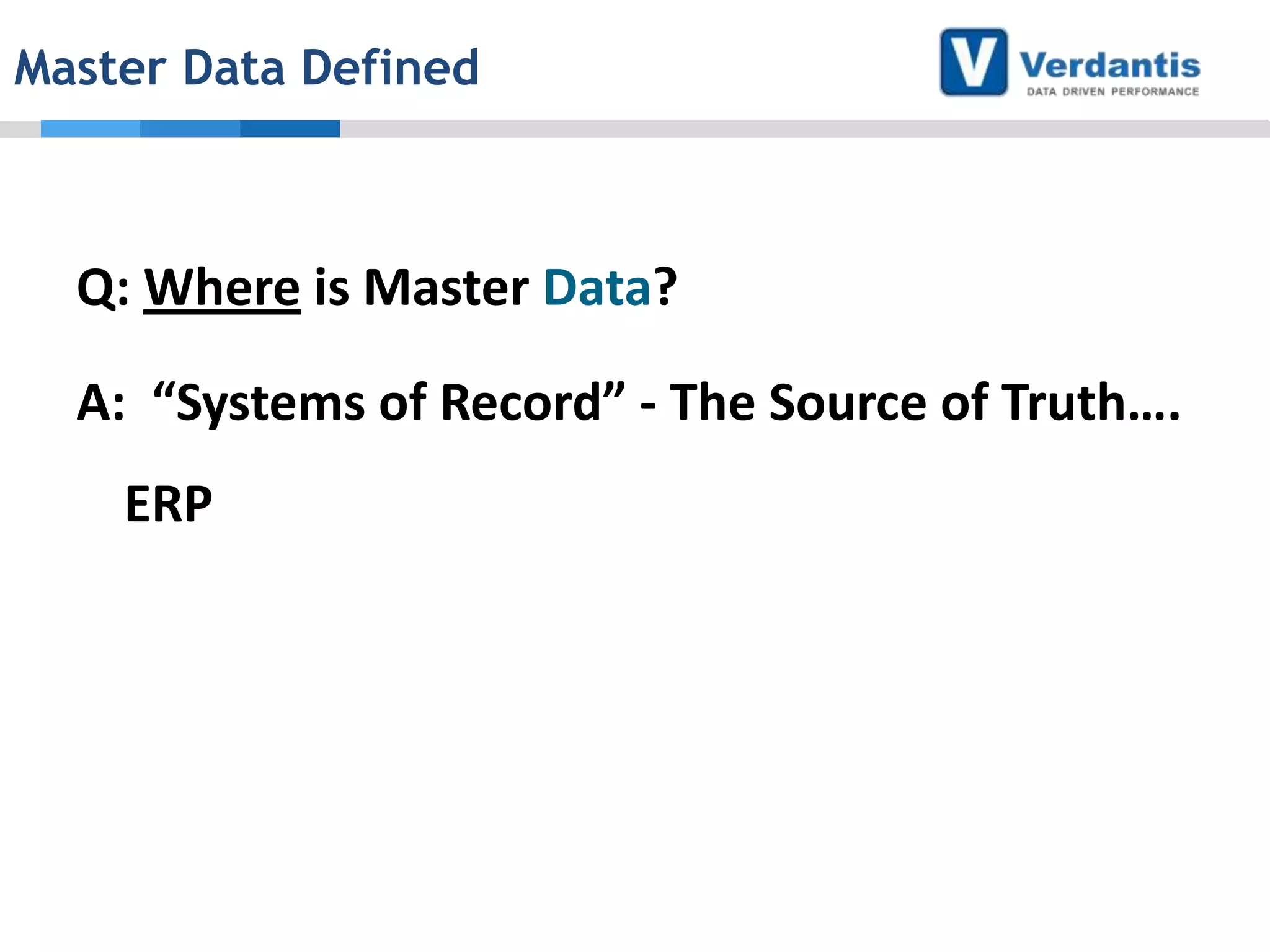 Master Data Defined

Q: Where is Master Data?
A: “Systems of Record” - The Source of Truth….
ERP

 