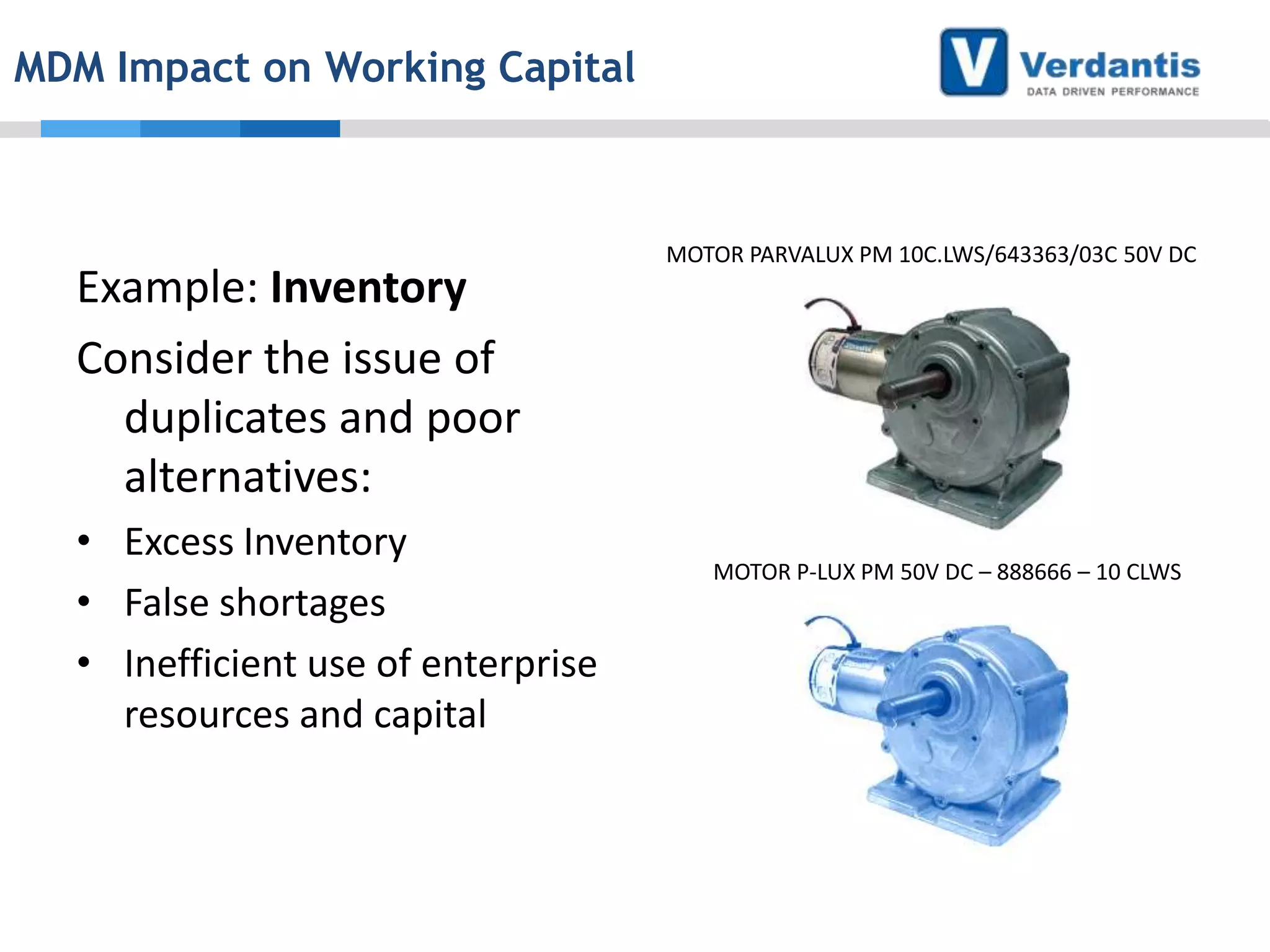 MDM Impact on Working Capital

Example: Inventory
Consider the issue of
duplicates and poor
alternatives:
• Excess Inventory
• False shortages
• Inefficient use of enterprise
resources and capital

MOTOR PARVALUX PM 10C.LWS/643363/03C 50V DC

MOTOR P-LUX PM 50V DC – 888666 – 10 CLWS

 