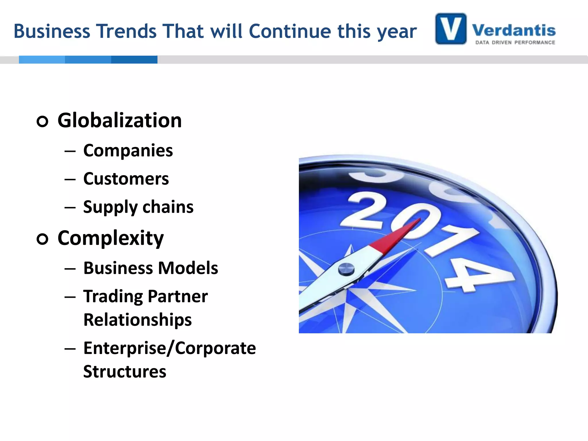 Business Trends That will Continue this year



Globalization
– Companies
– Customers
– Supply chains



Complexity
– Business Models
– Trading Partner
Relationships
– Enterprise/Corporate
Structures

 