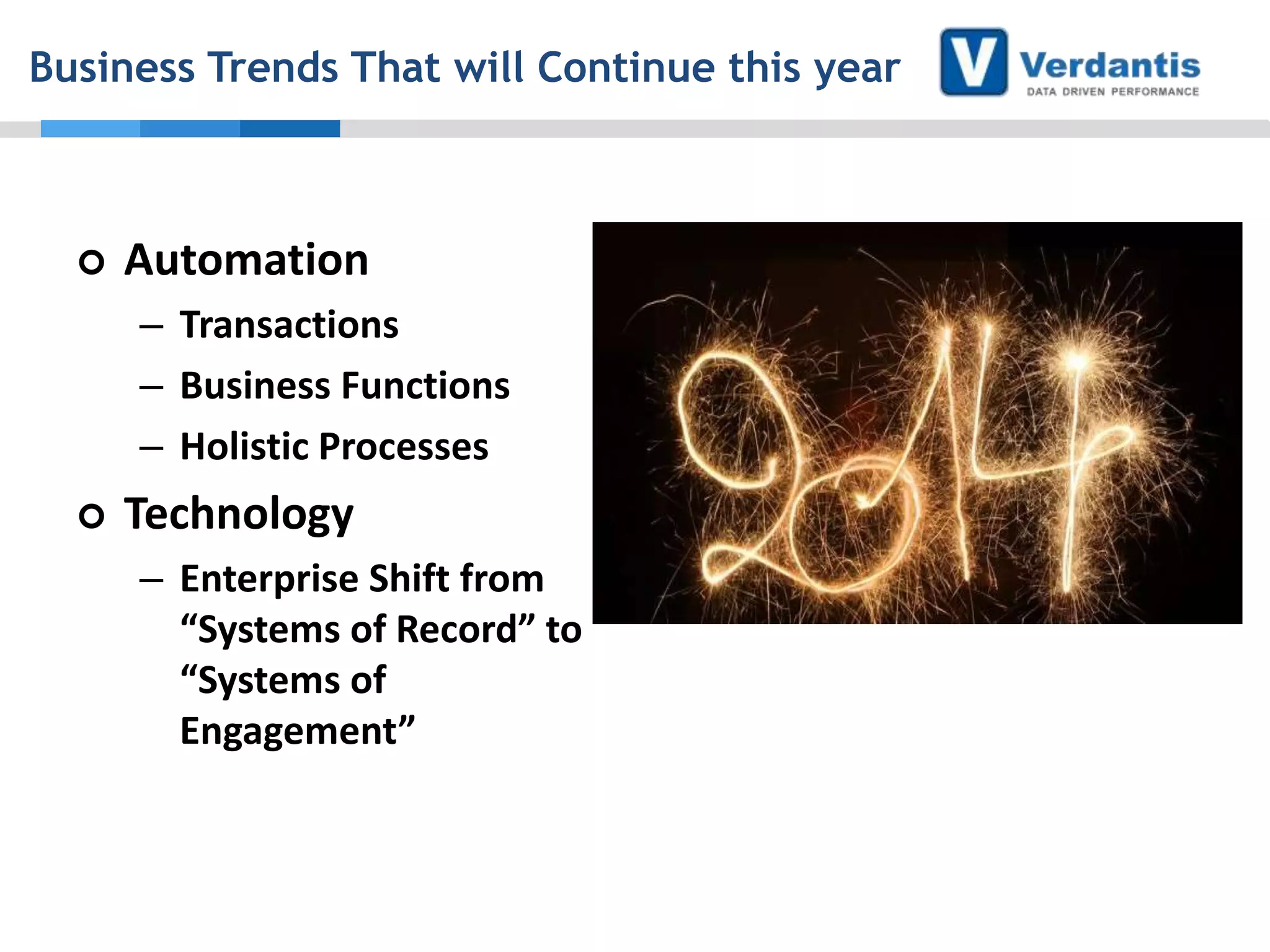 Business Trends That will Continue this year



Automation
– Transactions
– Business Functions
– Holistic Processes



Technology
– Enterprise Shift from
“Systems of Record” to
“Systems of
Engagement”

 