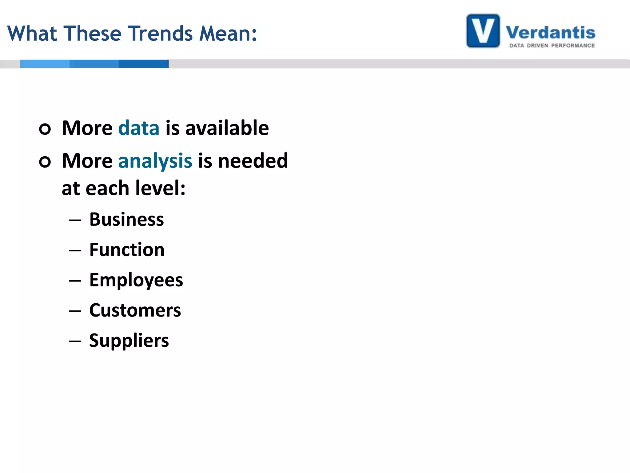 What These Trends Mean:




More data is available
More analysis is needed
at each level:
–
–
–
–
–

Business
Function
Employees
Customers
Suppliers

 