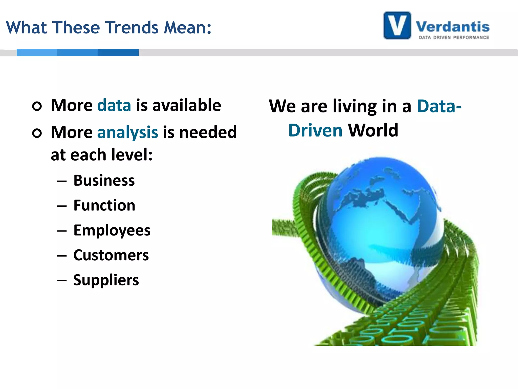 What These Trends Mean:




More data is available
More analysis is needed
at each level:
–
–
–
–
–

Business
Function
Employees
Customers
Suppliers

We are living in a DataDriven World

 